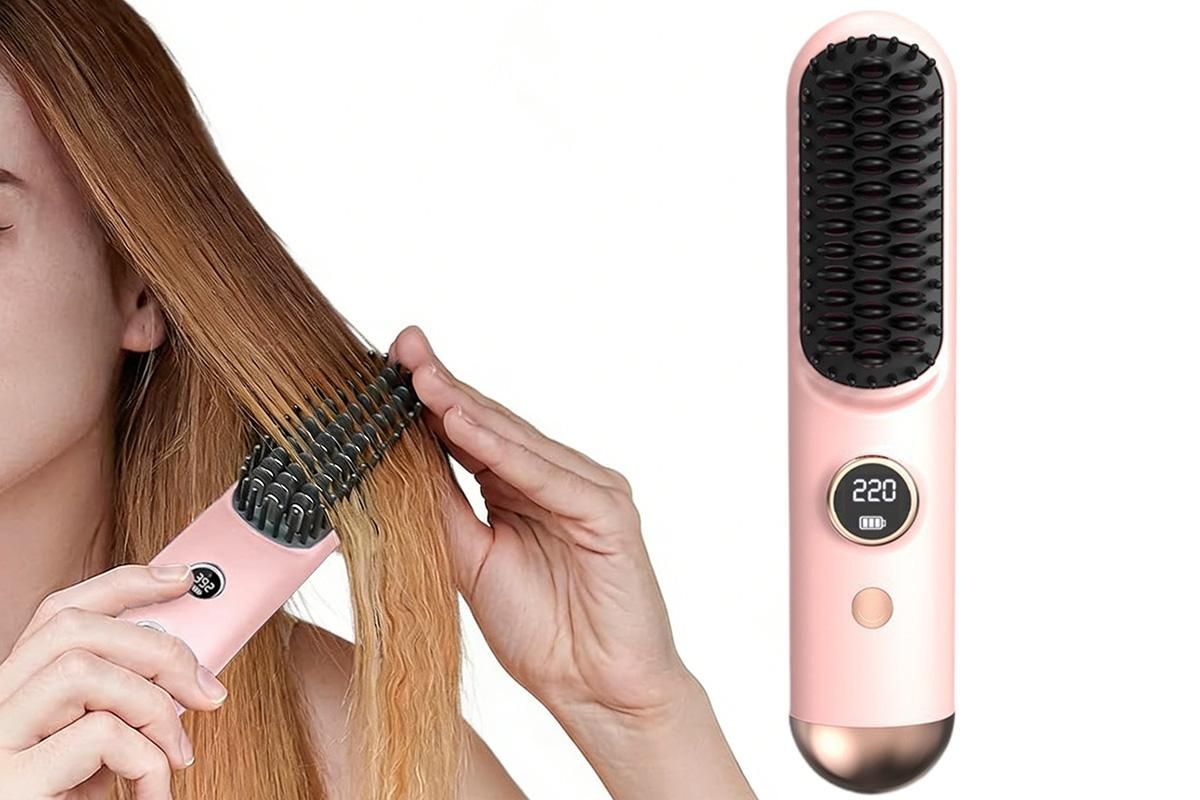 Cordless Hair Straightening Brush - Pink