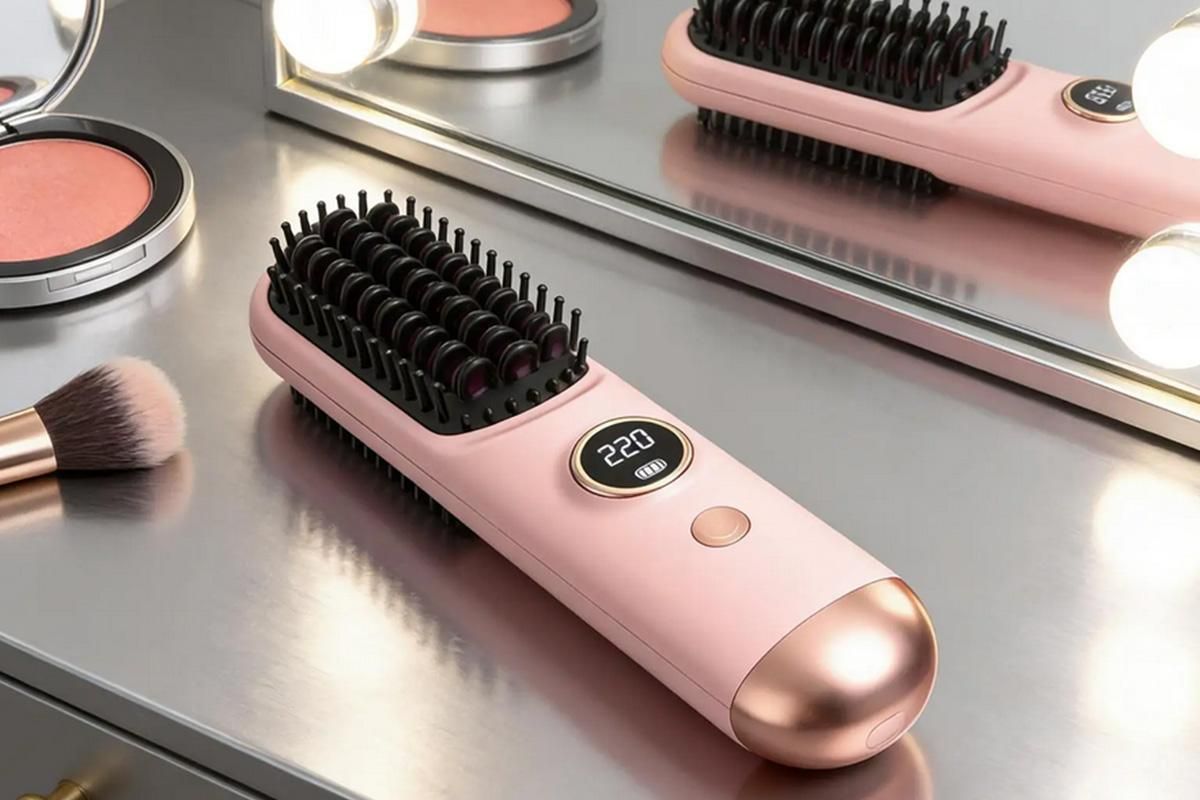 Cordless Hair Straightening Brush - Pink