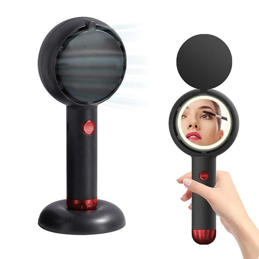 Mini Handheld Fan with LED Light & Mirror - Black