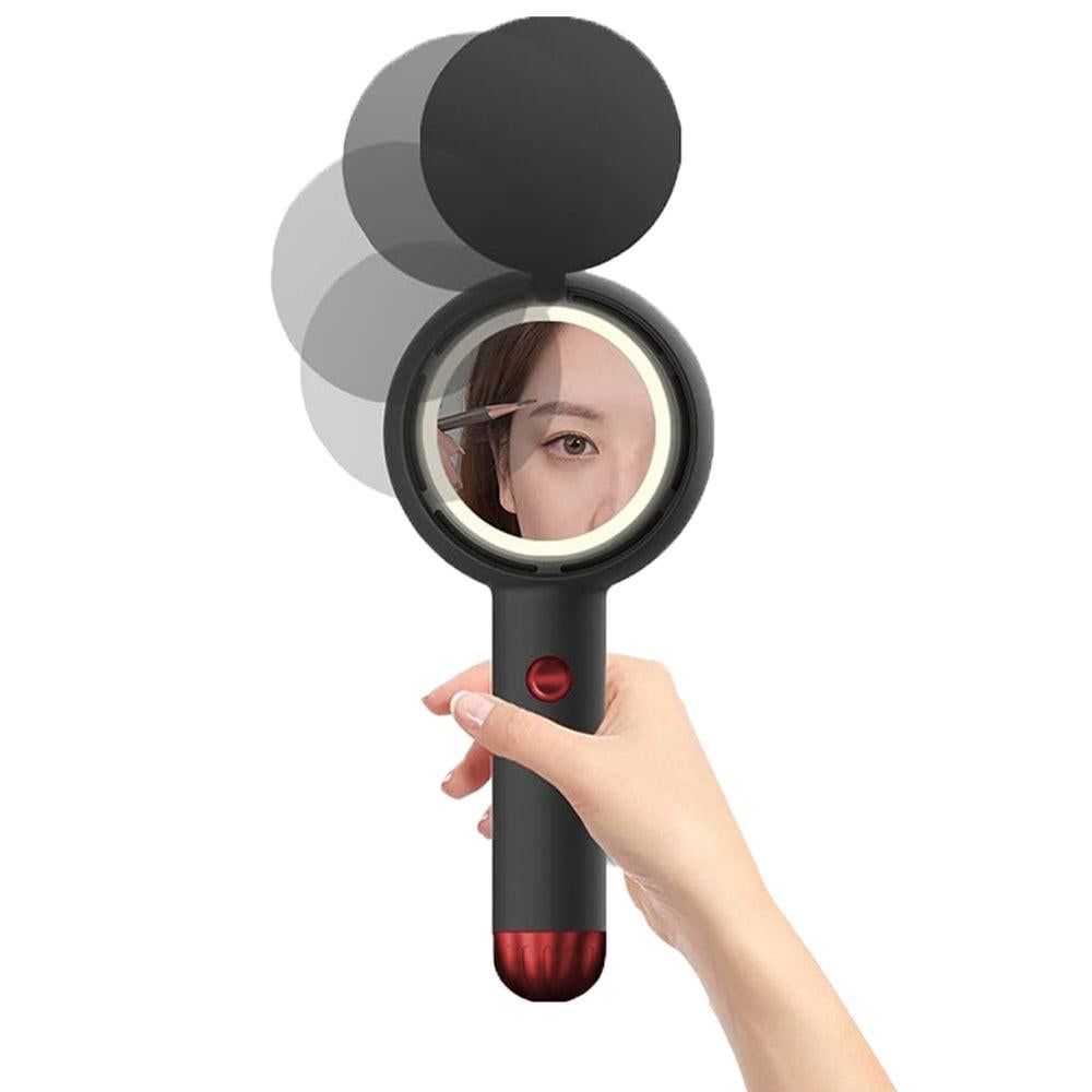 Mini Handheld Fan with LED Light & Mirror - Black