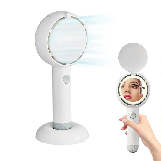 Mini Handheld Fan with LED Light & Mirror - White