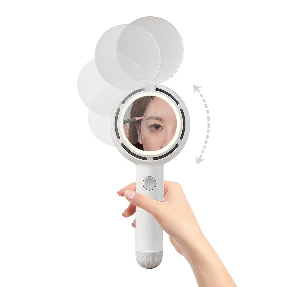 Mini Handheld Fan with LED Light & Mirror - White