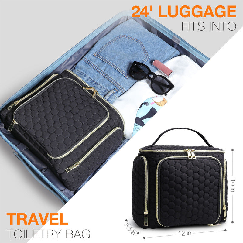 Travel Makeup Bag with Handle — Large Multi-Compartment Cosmetic Organizer