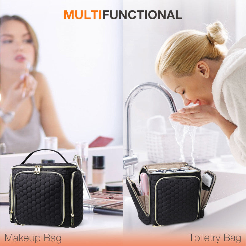 Travel Makeup Bag with Handle — Large Multi-Compartment Cosmetic Organizer