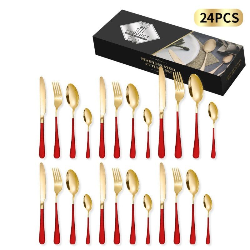24-Piece Stainless Steel Flatware Set - Red