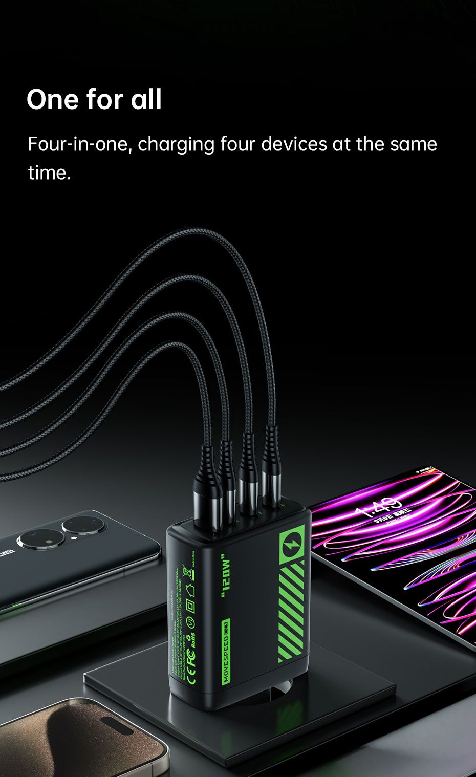 30W 4-Port USB-C Fast Charger - Black