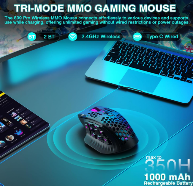 SM809 Pro Tri-Mode Wireless Gaming Mouse - Black