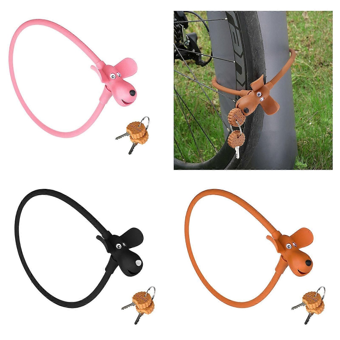 Portable Bike Cable Lock with Silicone Cover, Lightweight Anti-Theft Bicycle Security Lock, Cookie Dog Design - Black