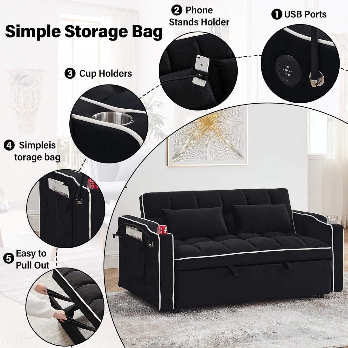 Foldable Velvet Sofa Bed - Light Grey