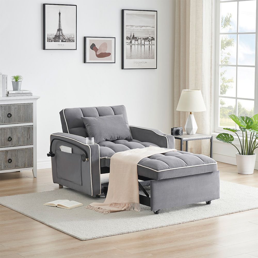 Single Sofa Bed with USB Ports and Phone Holder - Grey