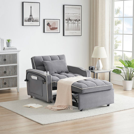 Single Sofa Bed with USB Ports and Phone Holder - Grey