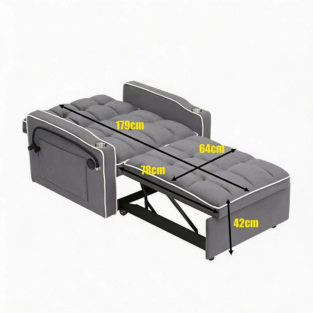 Single Sofa Bed with USB Ports and Phone Holder - Grey