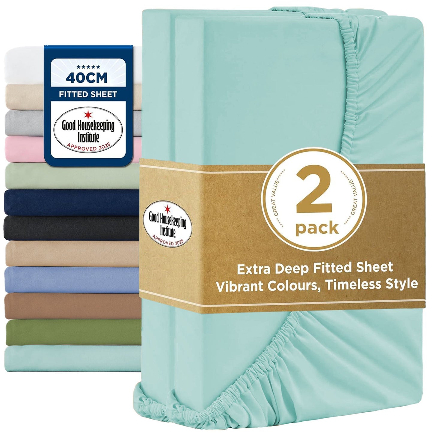 2000TC Hotel Quality Fitted Sheets - 2 Piece Fitted Sheets  -Breathable Bedding - Wrinkle, Fade, Stain Resistant- 16inch/40cm Deep Pocket Fitted Bed Sheets-Wrinkle and Fade Resistant,(Ice blue,Double)