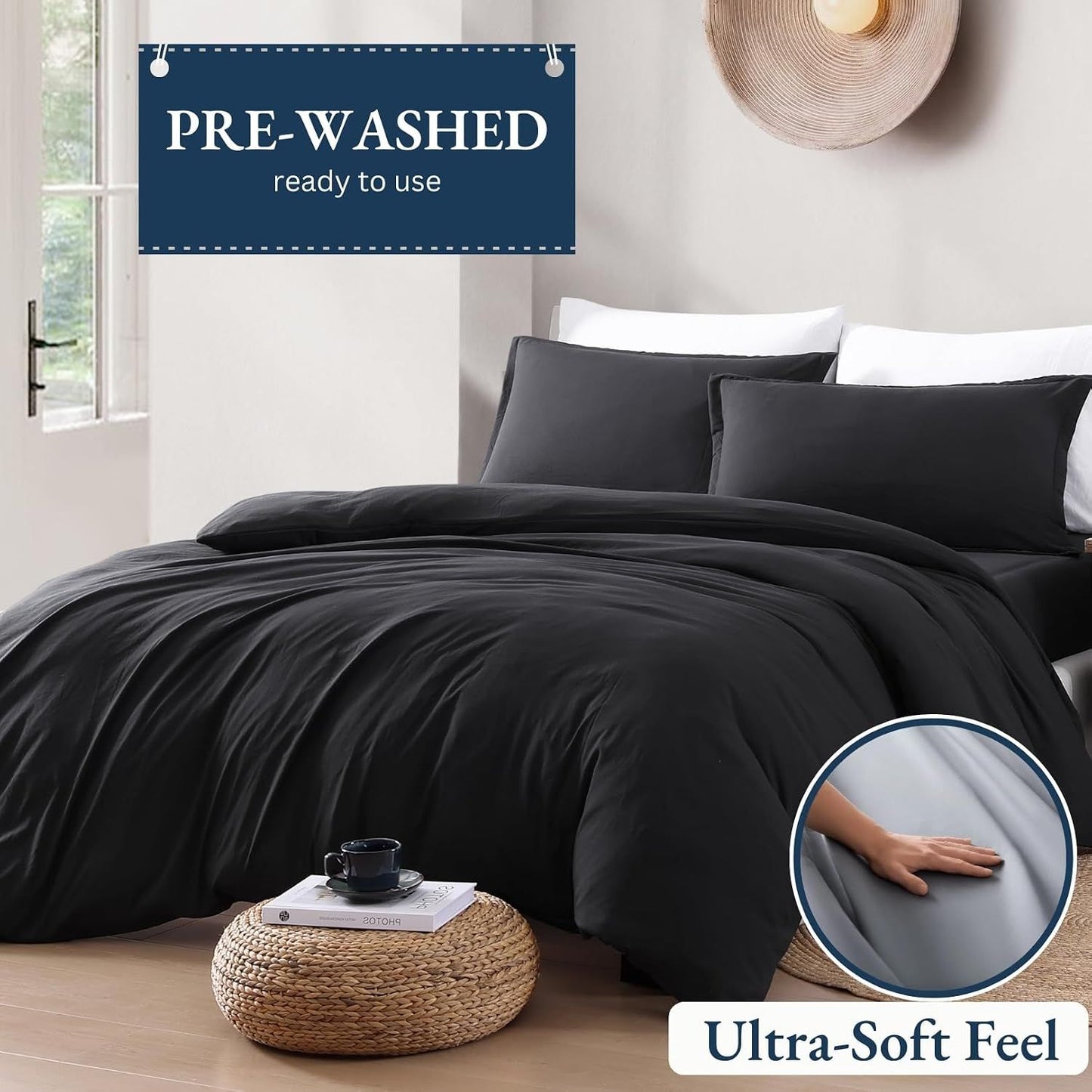 Hotel Soft Microfiber Duvet Cover Set-2000TC Quilt Cover Set & Pillowcases -1 Donna Cover Zipper Closure & 1 x Pillowcases-Breathable Bedding - Wrinkle, Fade, Stain Resistant(Black,Double)