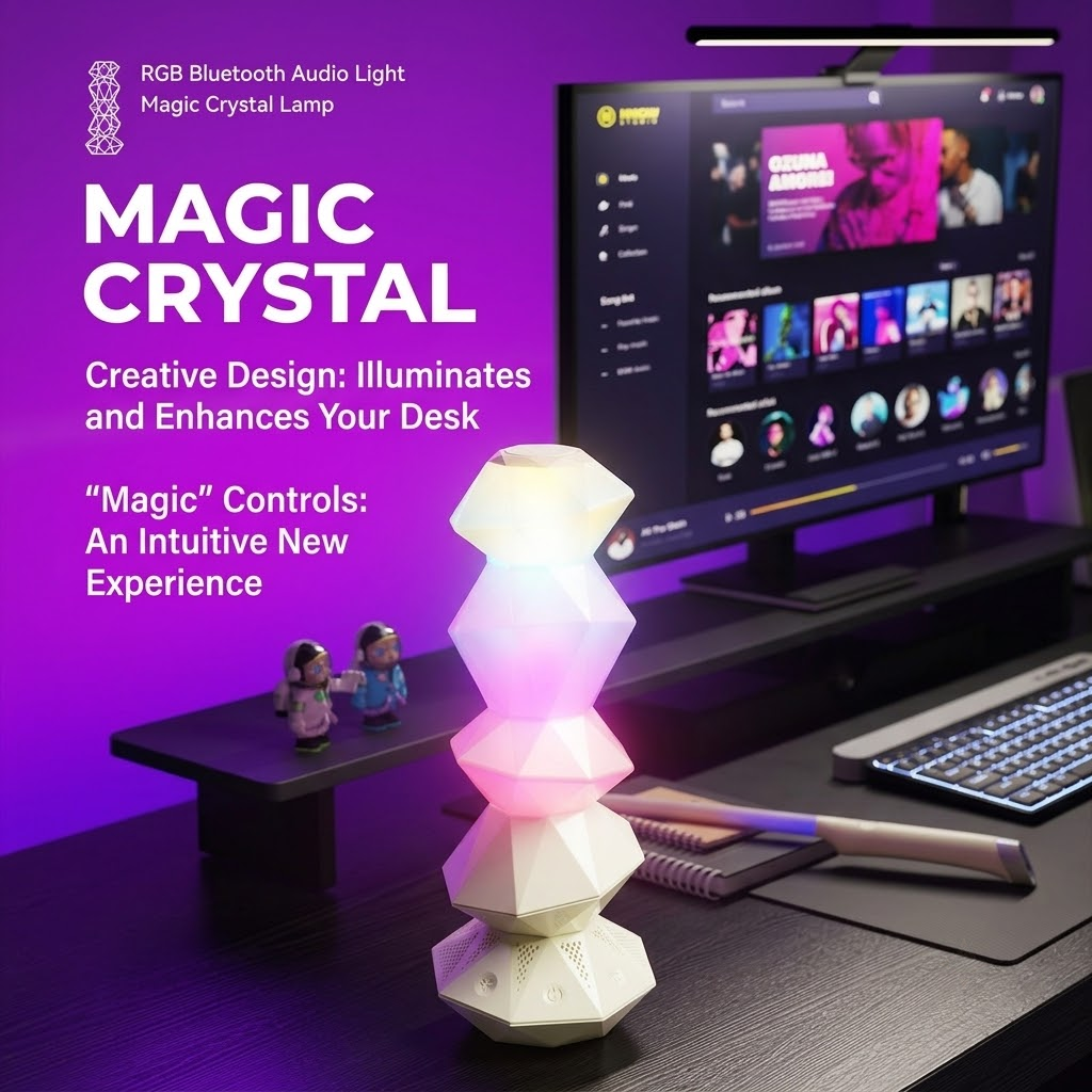 Magic Crystal Sound Lamp with RGB Music Rhythm, Bluetooth Speaker & Remote Control Wand – Ambient Night Light for Gaming Desk, Bedroom, and Home Décor (White)