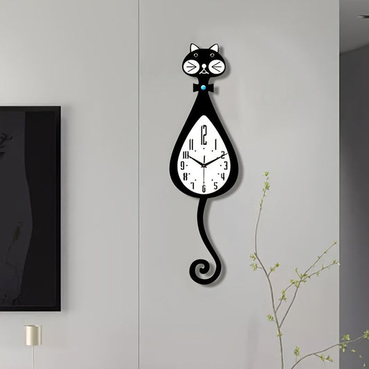 Cat-Shaped Wall Clock - Black