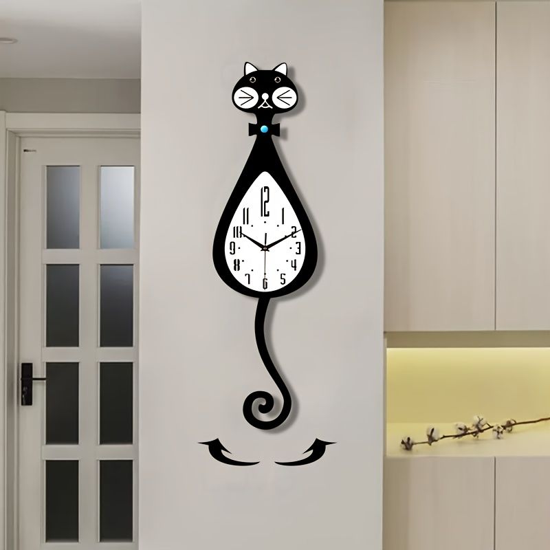 Cat-Shaped Wall Clock - Black