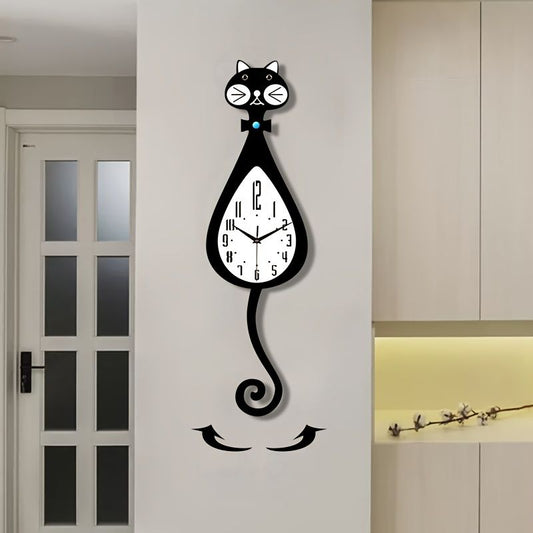 Cat-Shaped Wall Clock - Black
