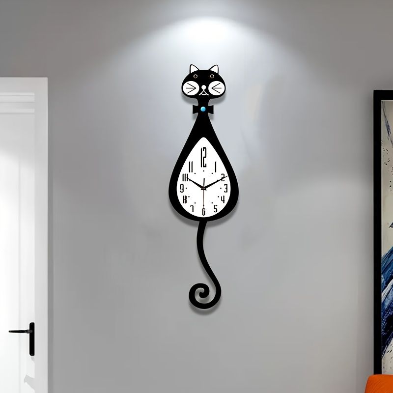 Cat-Shaped Wall Clock - Black