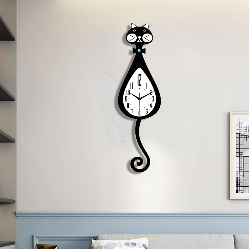 Cat-Shaped Wall Clock - Black