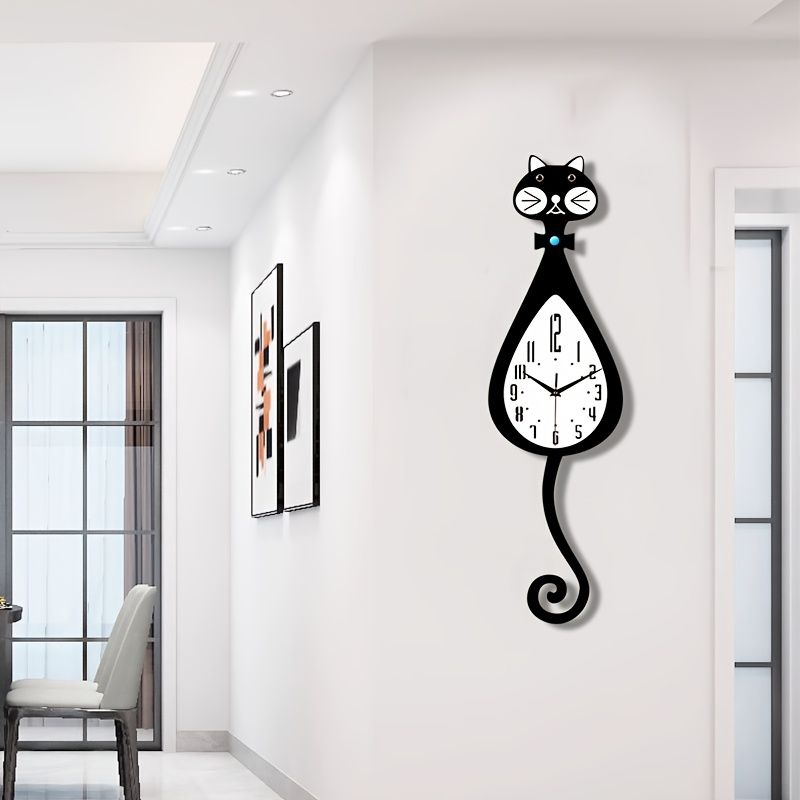 Cat-Shaped Wall Clock - Black