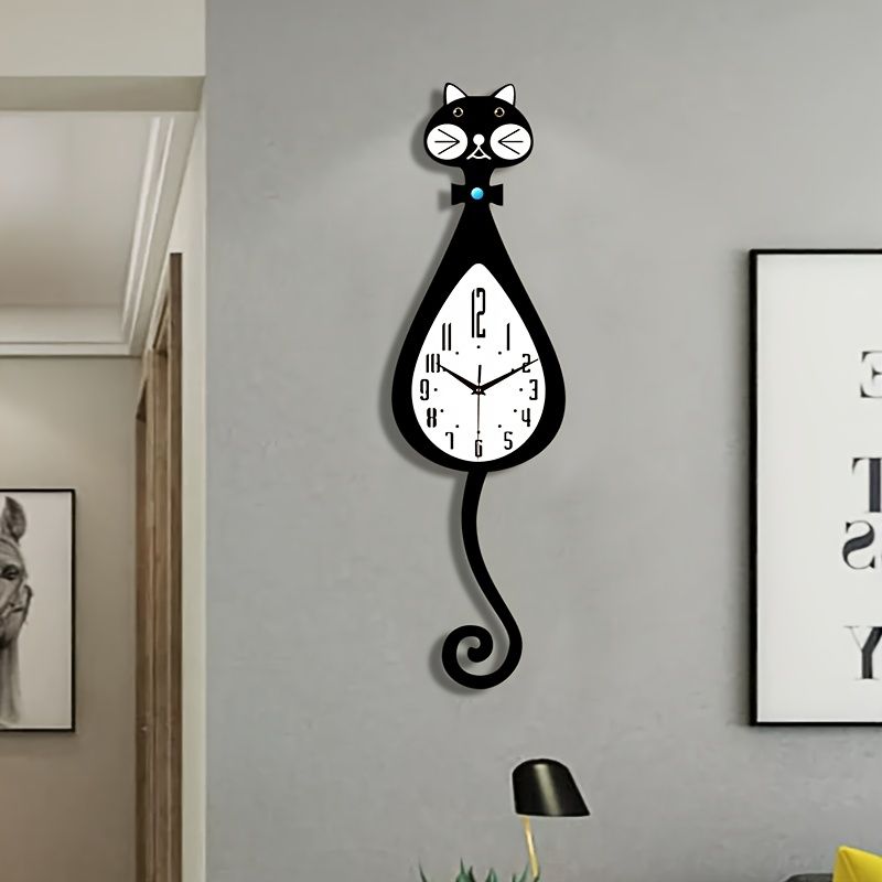 Cat-Shaped Wall Clock - Black