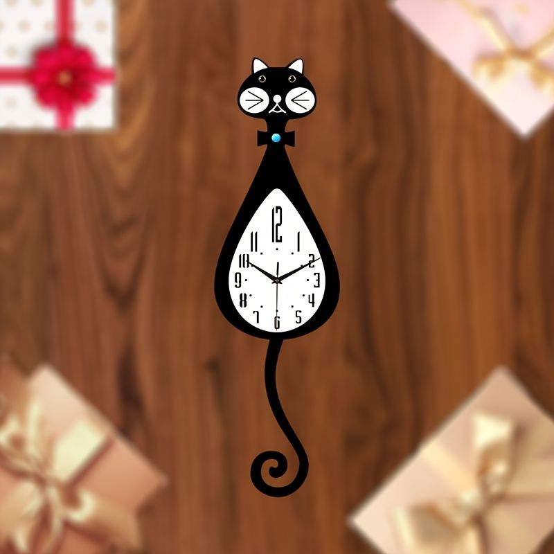Cat-Shaped Wall Clock - Black