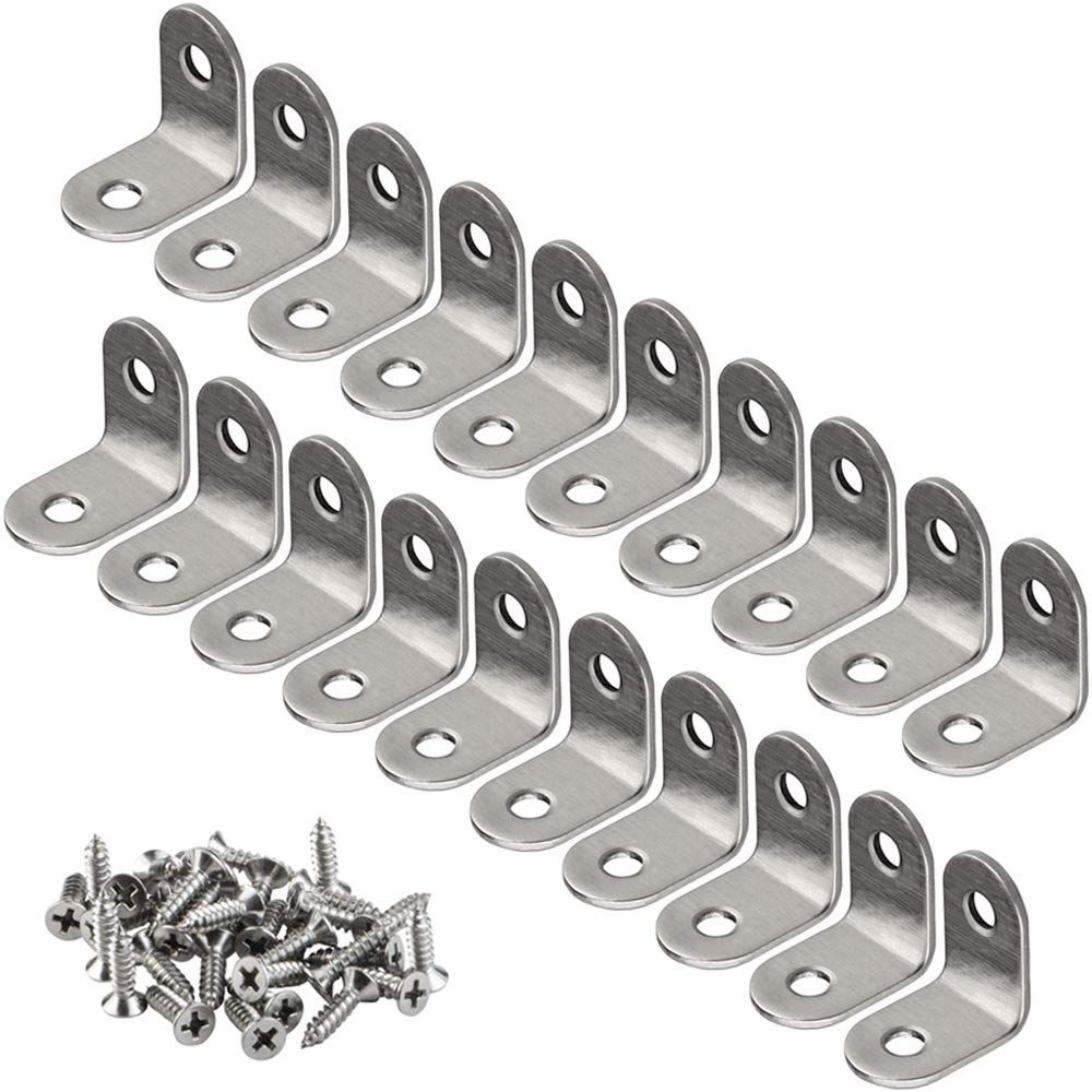 20 PCS Corner Braces 25mm x 25mm Stainless Steel 90 Degree Joints Right Angle Bracket Fastener for Wood Furniture, Screws Included