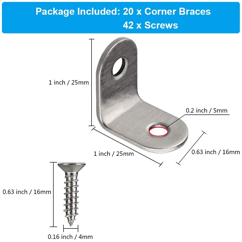 20 PCS Corner Braces 25mm x 25mm Stainless Steel 90 Degree Joints Right Angle Bracket Fastener for Wood Furniture, Screws Included