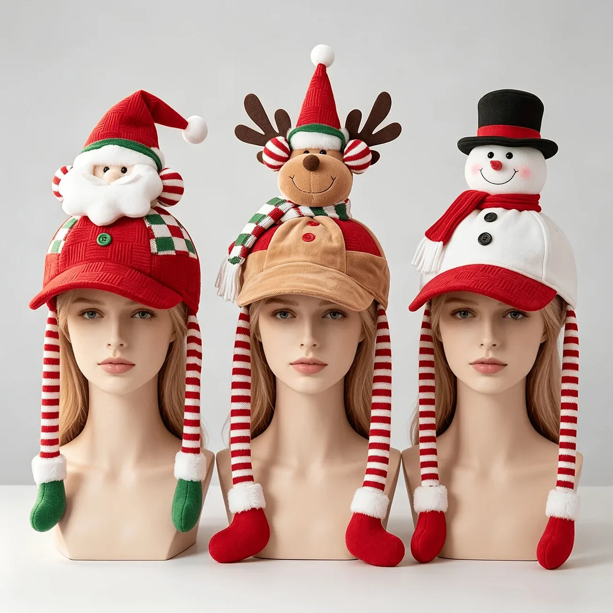 Christmas 3D plush baseball cap with ear flaps, Santa/Snowman/Reindeer design, plaid accents, warm & cozy, perfect for holiday parties and winter gifts.(the Santa Claus)