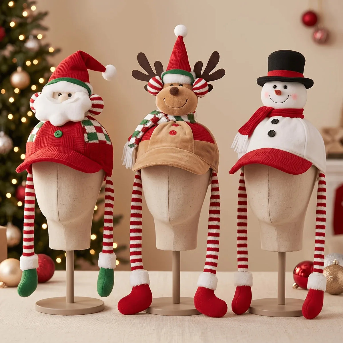 Christmas 3D plush baseball cap with ear flaps, Santa/Snowman/Reindeer design, plaid accents, warm & cozy, perfect for holiday parties and winter gifts.(the Santa Claus)