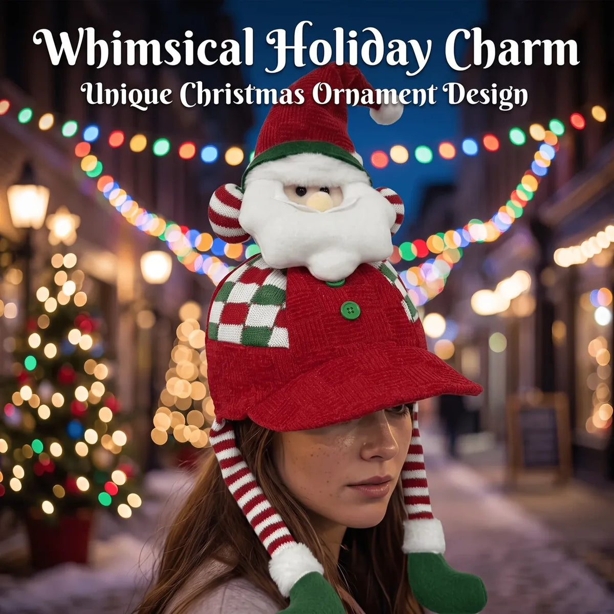 Christmas 3D plush baseball cap with ear flaps, Santa/Snowman/Reindeer design, plaid accents, warm & cozy, perfect for holiday parties and winter gifts.（elk）