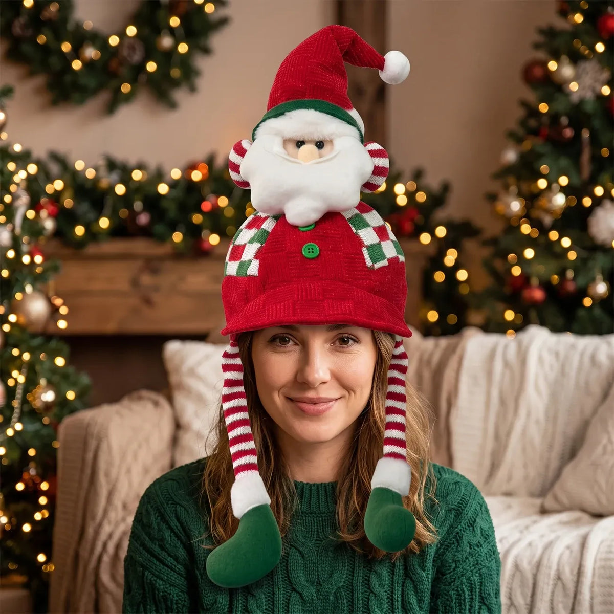 Christmas 3D plush baseball cap with ear flaps, Santa/Snowman/Reindeer design, plaid accents, warm & cozy, perfect for holiday parties and winter gifts.（Snowman）