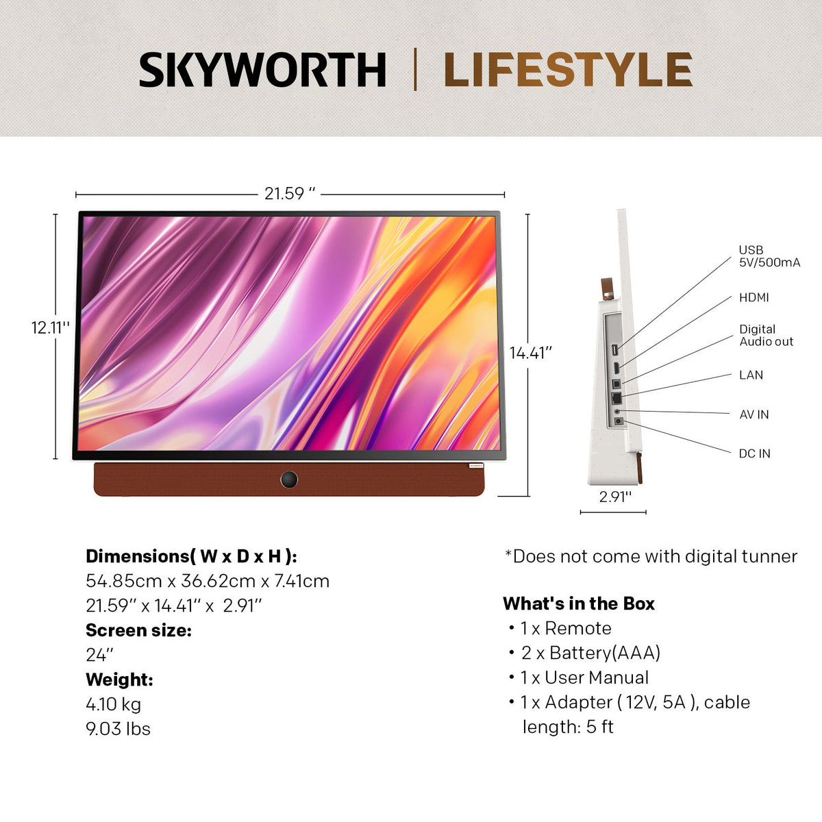 SKYWORTH 24-inch 12V Portable Smart TV
