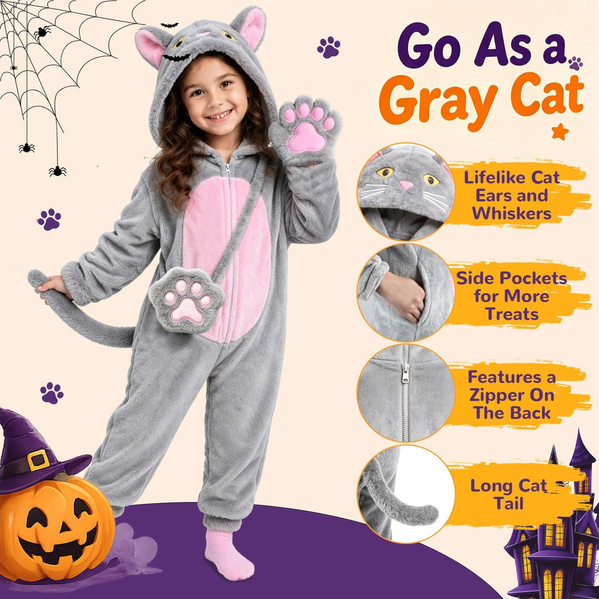Kids Cat Costume for Halloween, Dress-Up Parties, Trick-or-Treat & Role Play, XXL (gray)