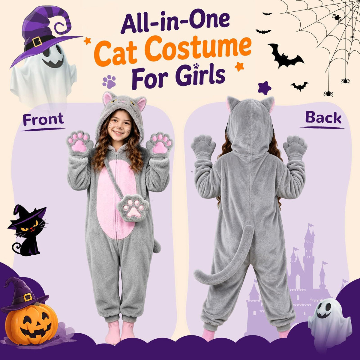 Kids Cat Costume for Halloween, Dress-Up Parties, Trick-or-Treat & Role Play, XXL (gray)