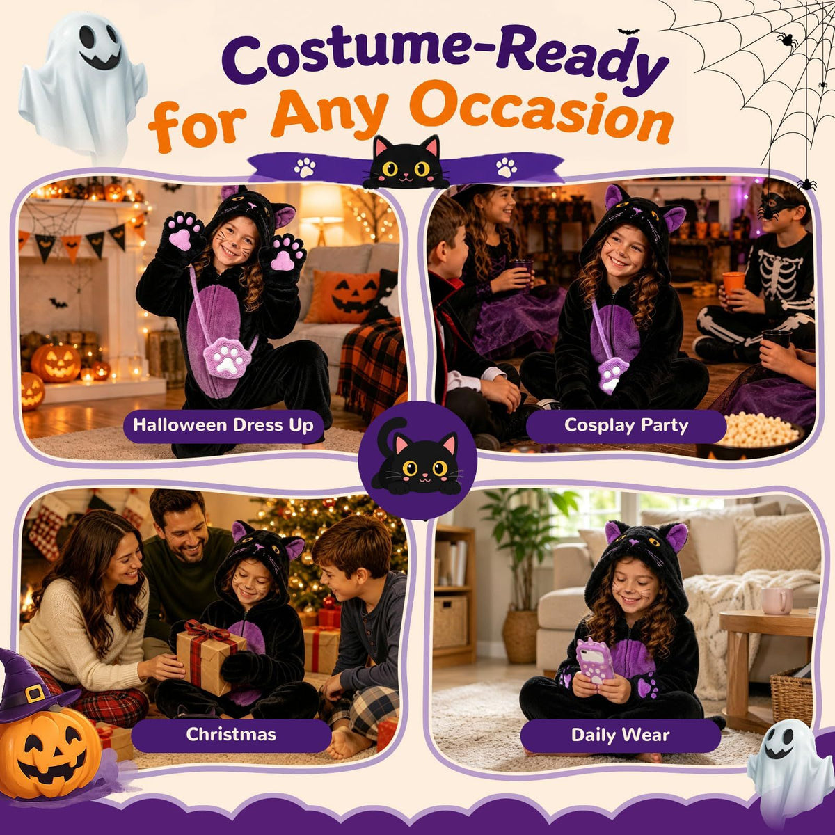 Kids' Black Cat Onesie Costume for Halloween, Role Play, and Themed Parties, XL (Black)