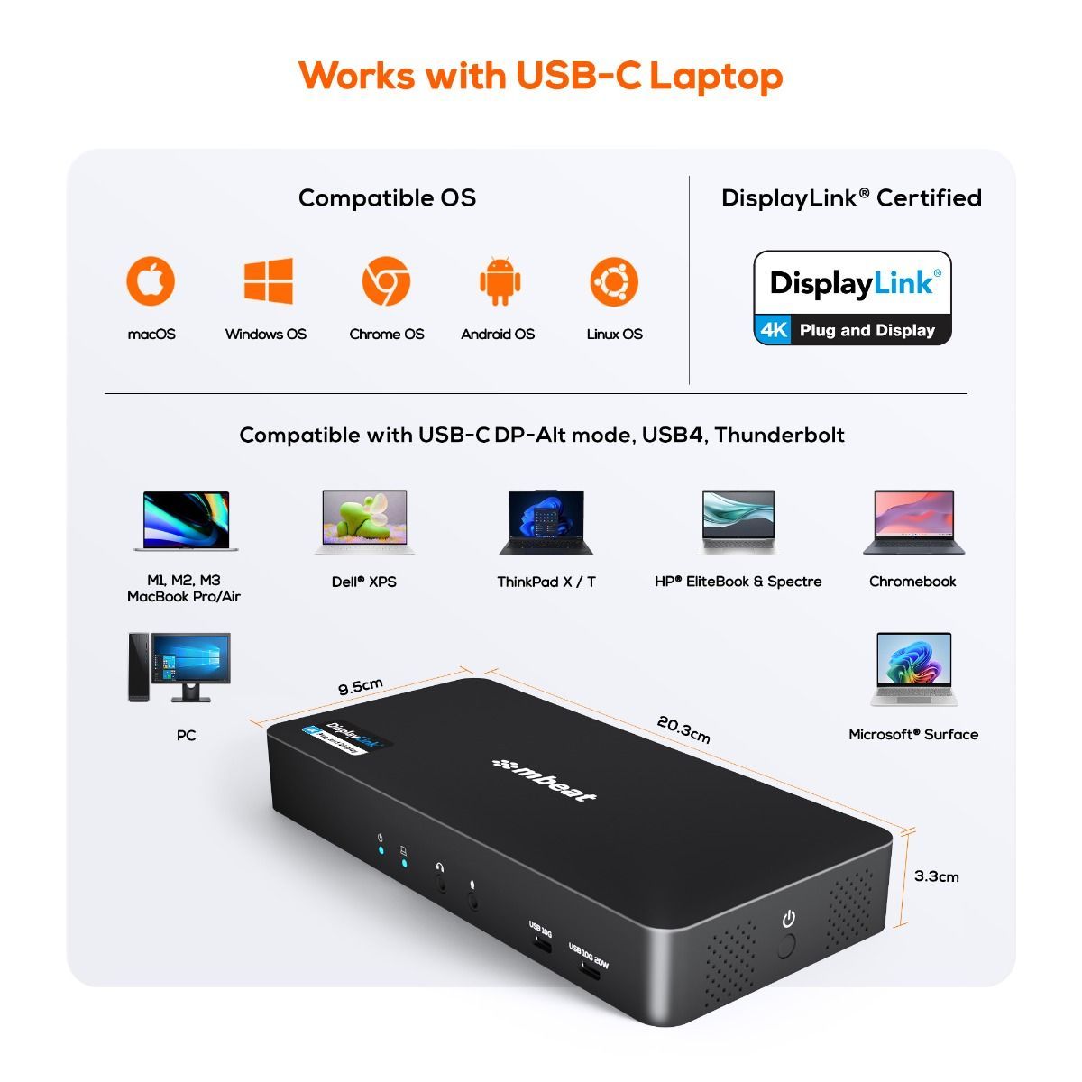 mbeat USB-C Triple 4K DisplayLink Docking Station