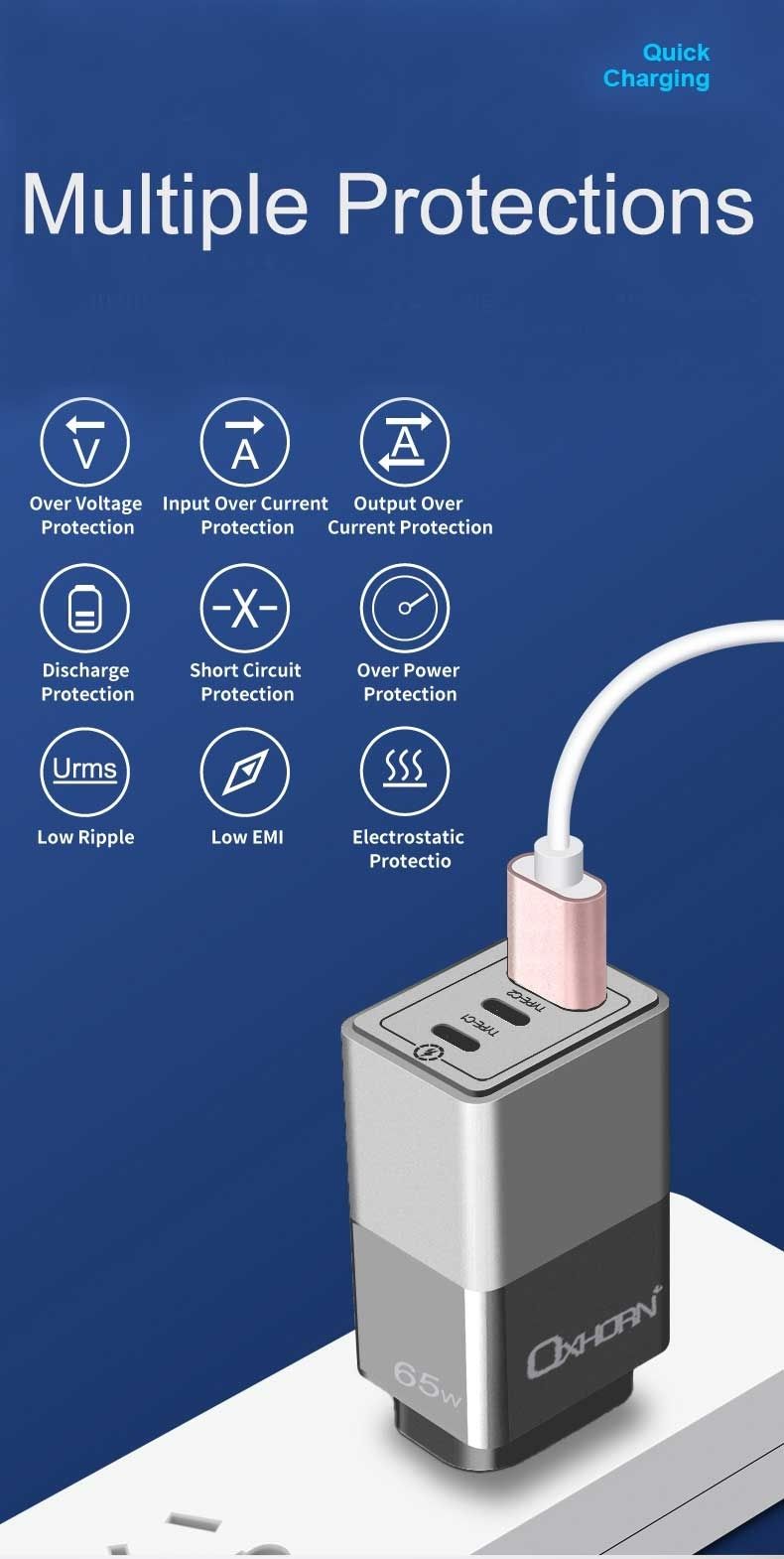 OXHORN 65W 3 Port GaN Charger - Black