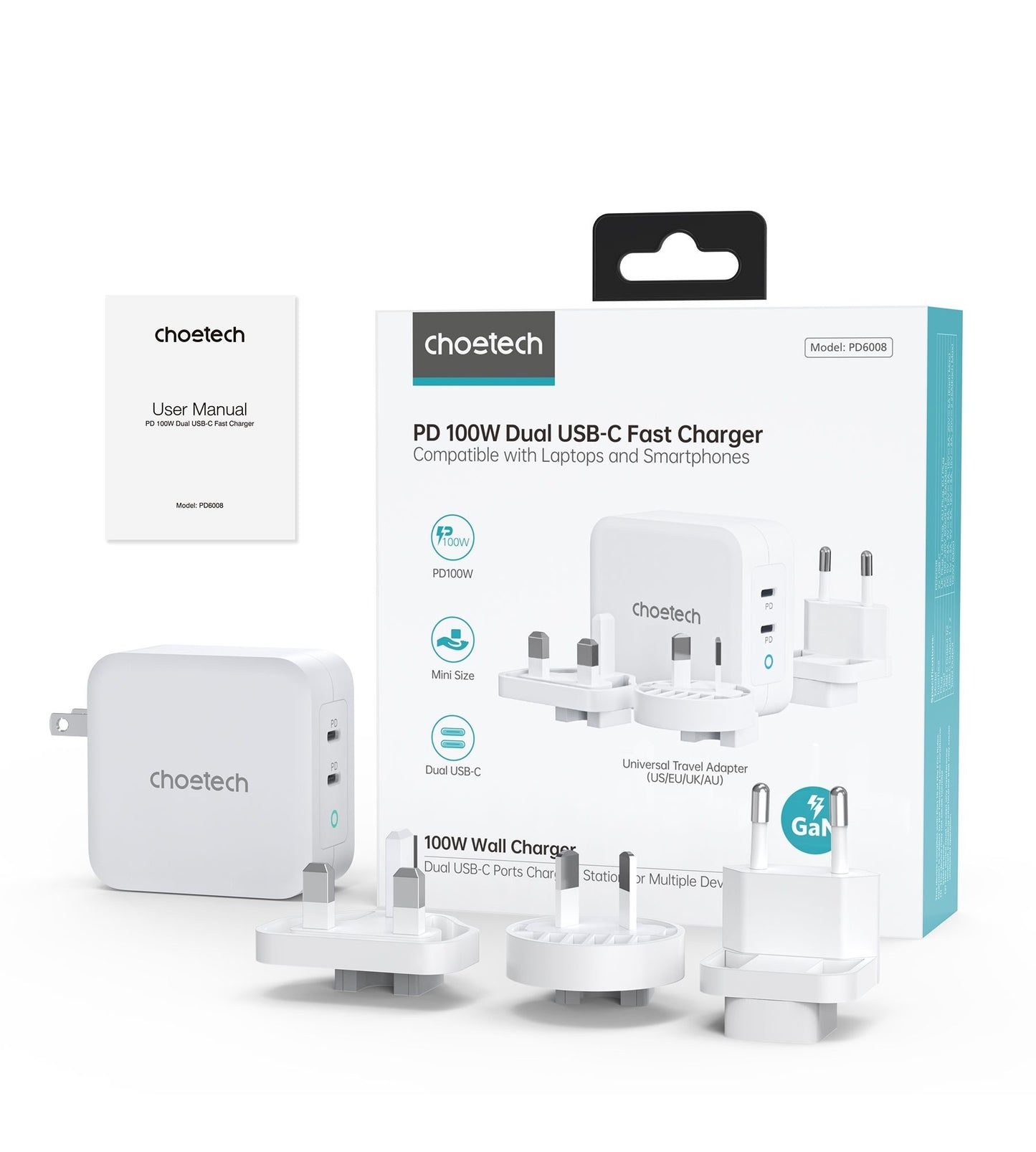 CHOETECH 100W Dual USB-C Travel Charger