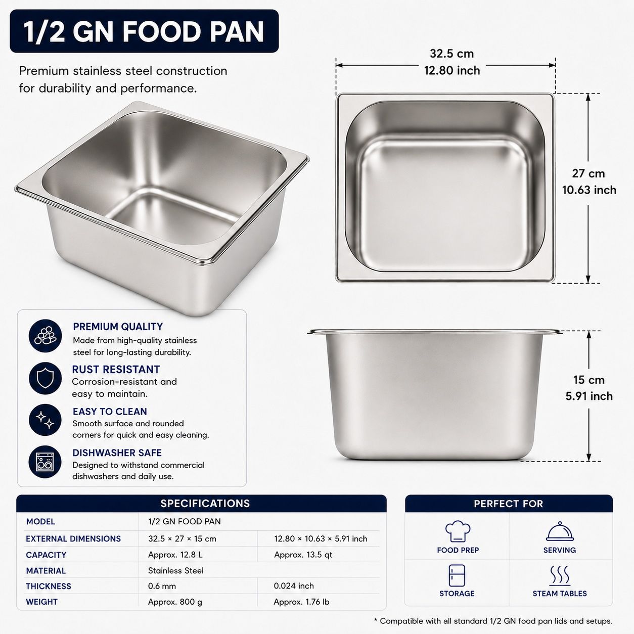 Stainless Steel GN 1/2 Steam Table Pan - 150mm