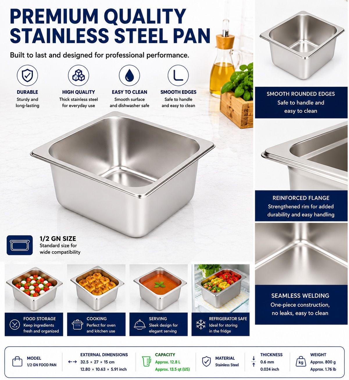 Stainless Steel GN 1/2 Steam Table Pan - 150mm