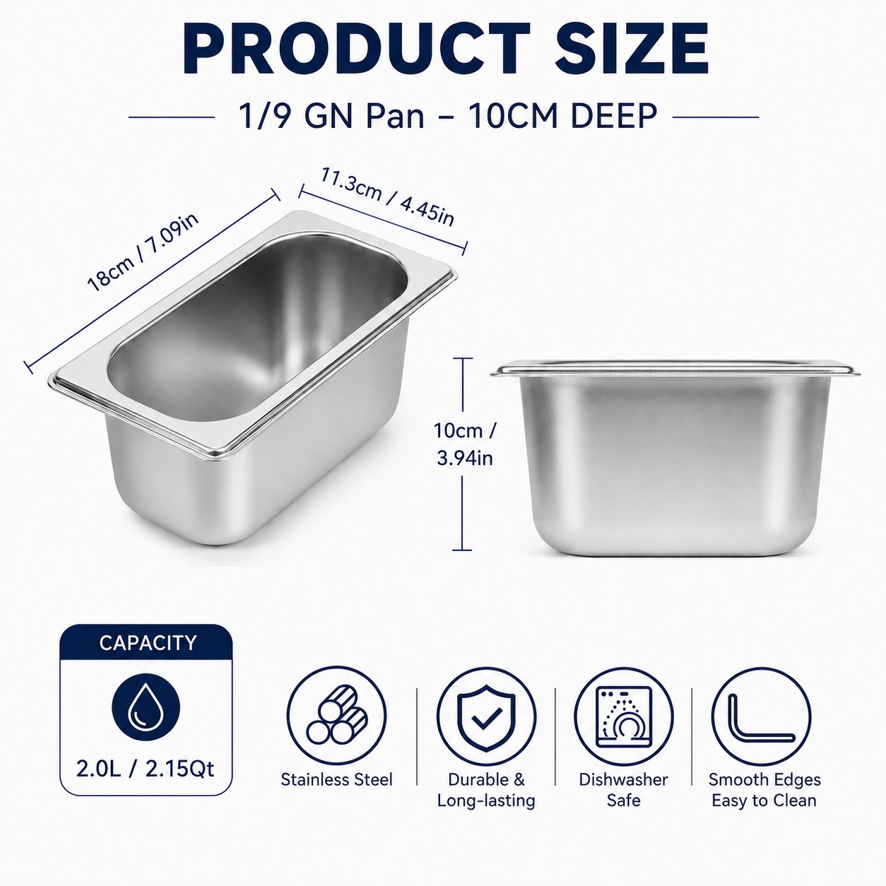 Stainless Steel GN 1/9 Steam Table Pan - 100mm