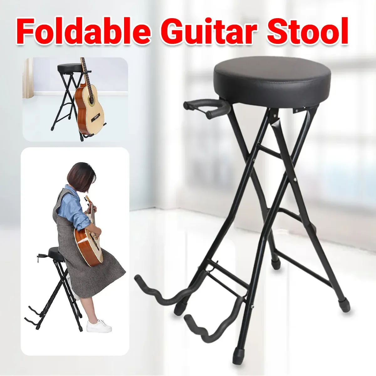 Folding Guitar Stool with Stand - Black
