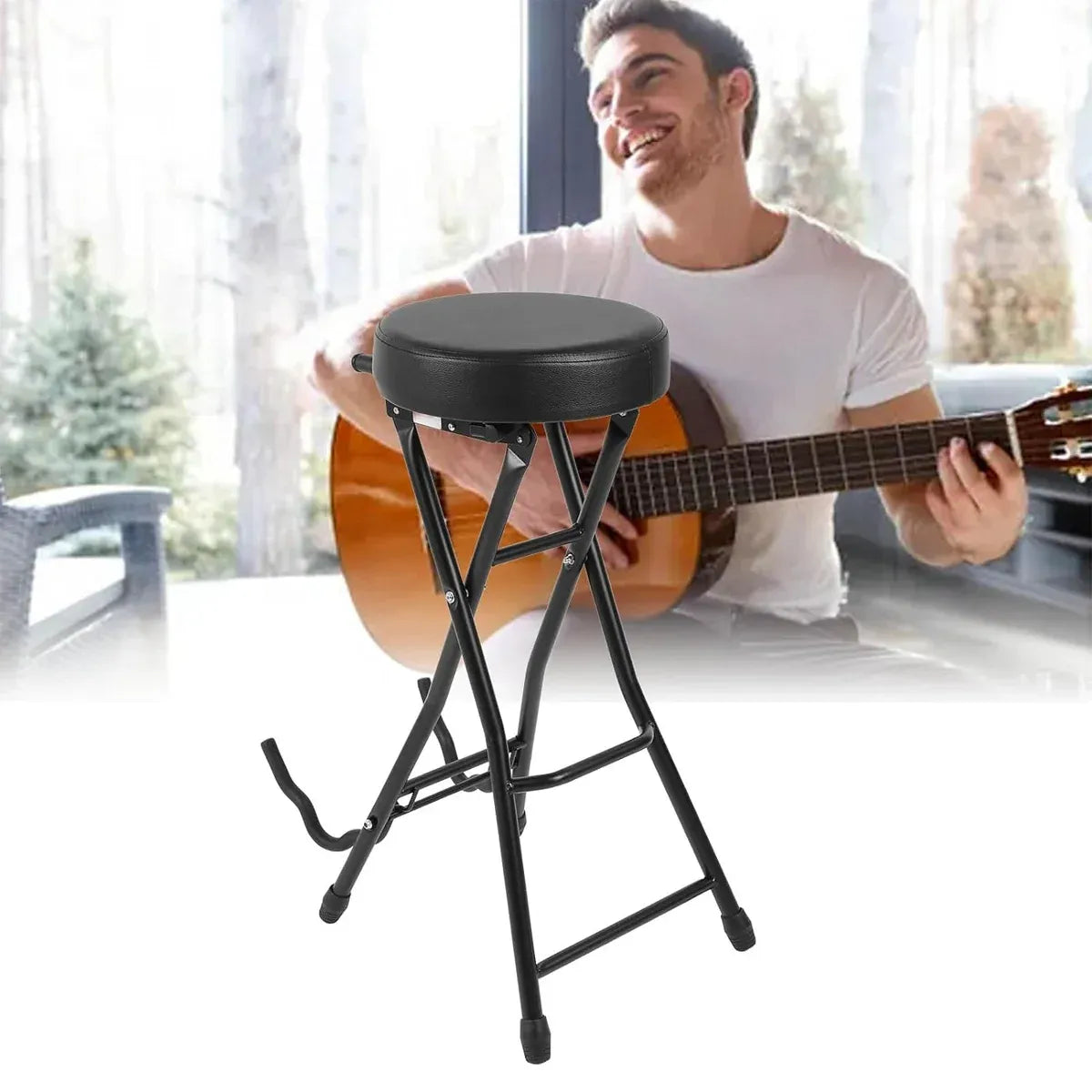 Folding Guitar Stool with Stand - Black