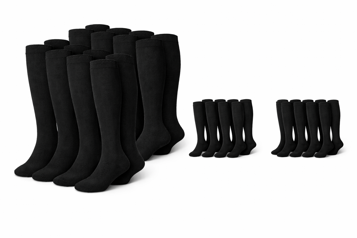 12 Pairs Plain Knee High Cotton Unisex Socks in Black Size 2-8 - Bulk