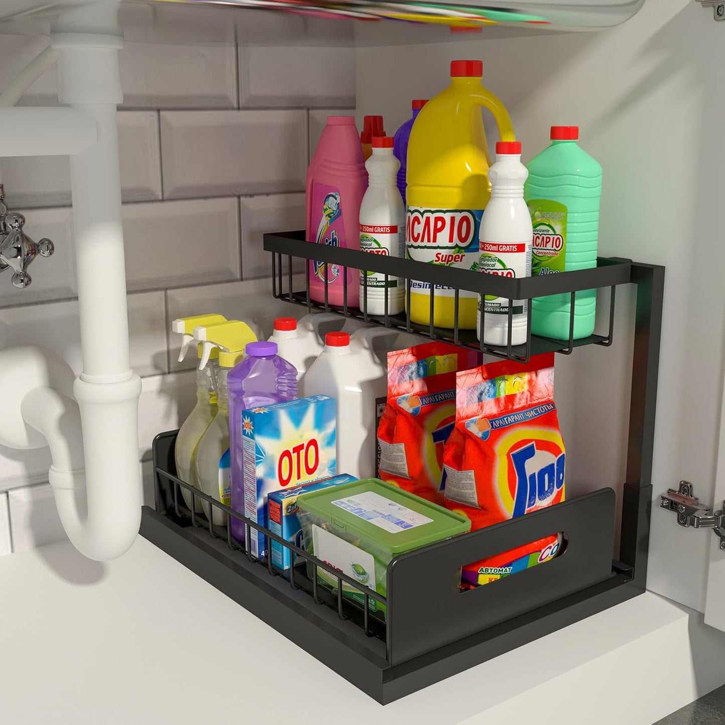 2-Tier Under Sink Organizer and Storag for Kitchen, Bathroom, and Pantry - Black