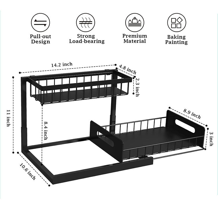 2-Tier Under Sink Organizer and Storag for Kitchen, Bathroom, and Pantry - Black