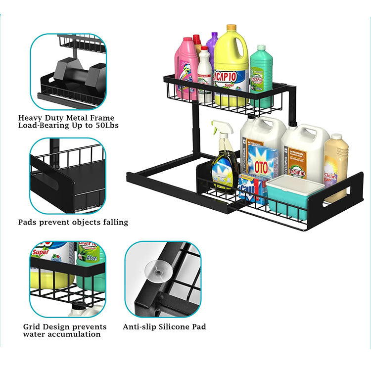 2-Tier Under Sink Organizer and Storag for Kitchen, Bathroom, and Pantry - Black