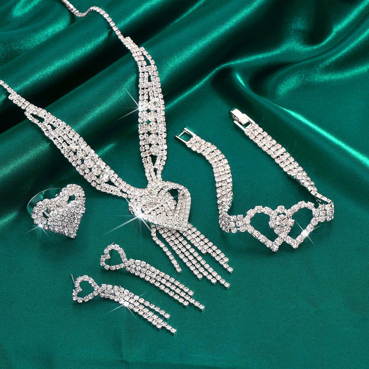 Mother's Day - Heart Shaped Rhinestone Necklace Earrings Bracelet